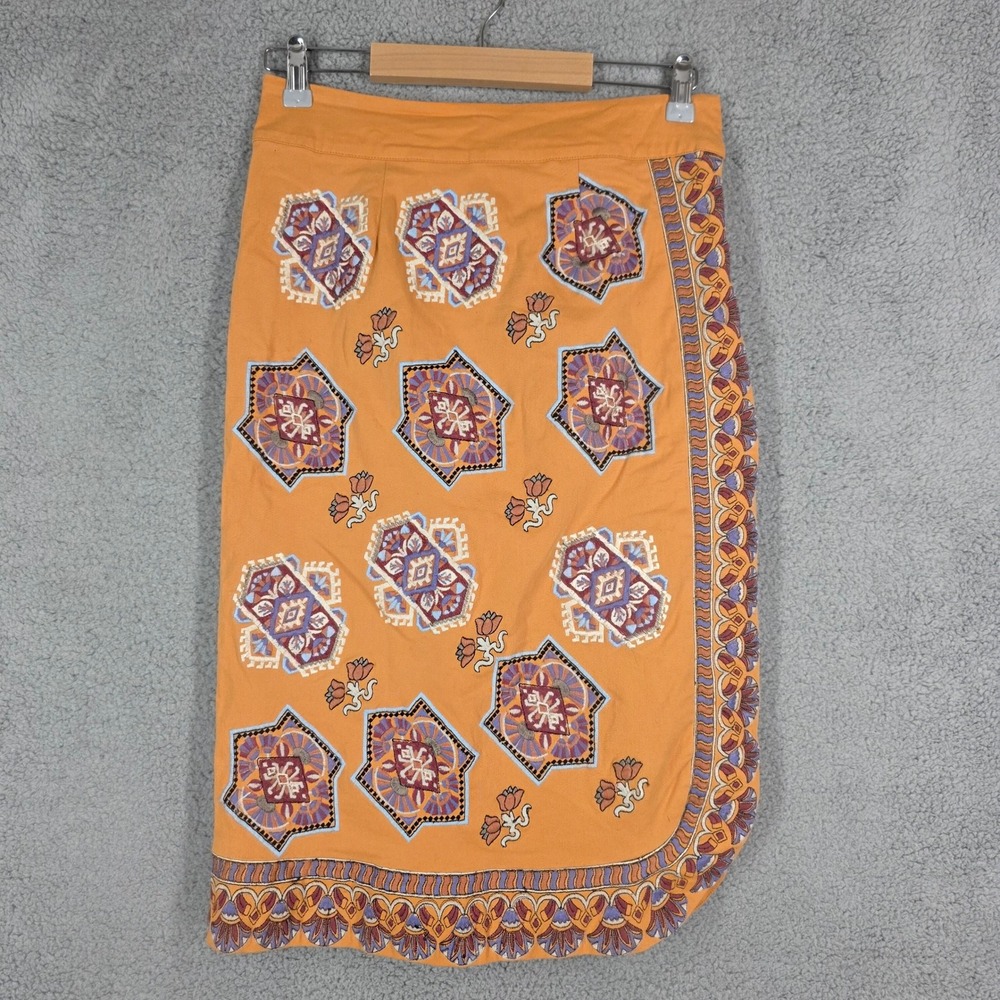 Anthropologie Krissy Sz 4 Embroidered Midi Skirt‎ Orange Geometric Print Cotton